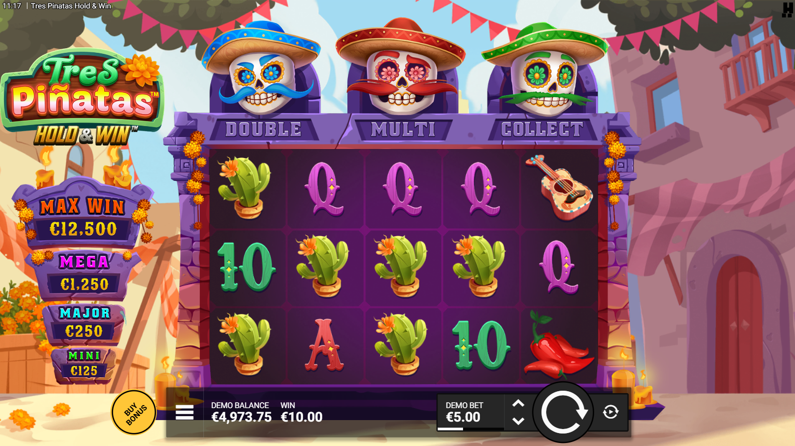Tres Pinatas Hold & Win base game showing 5x3 grid with Day of the Dead symbols