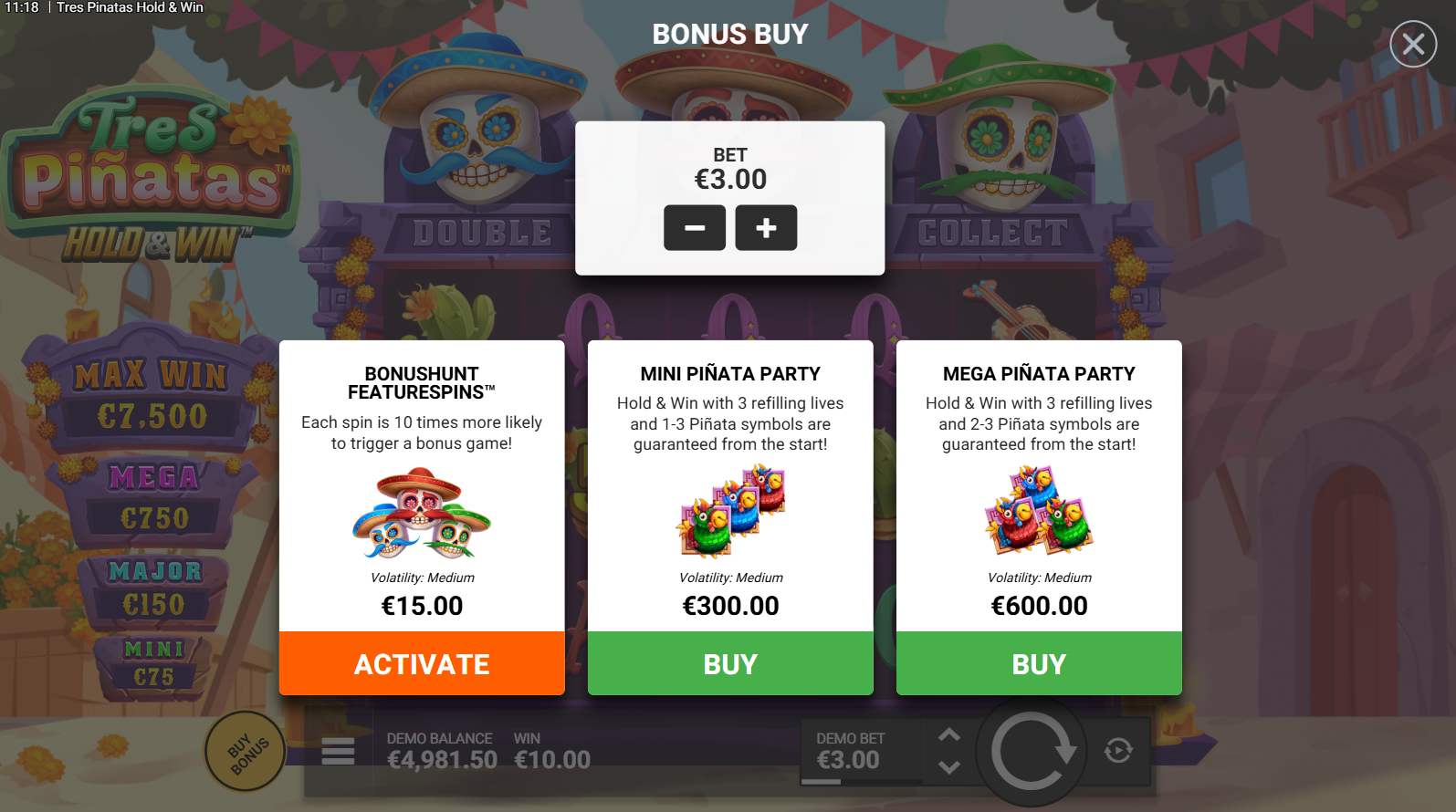 Tres Pinatas Hold & Win bonus buy options screen showing FeatureSpins and Pinata Party purchases