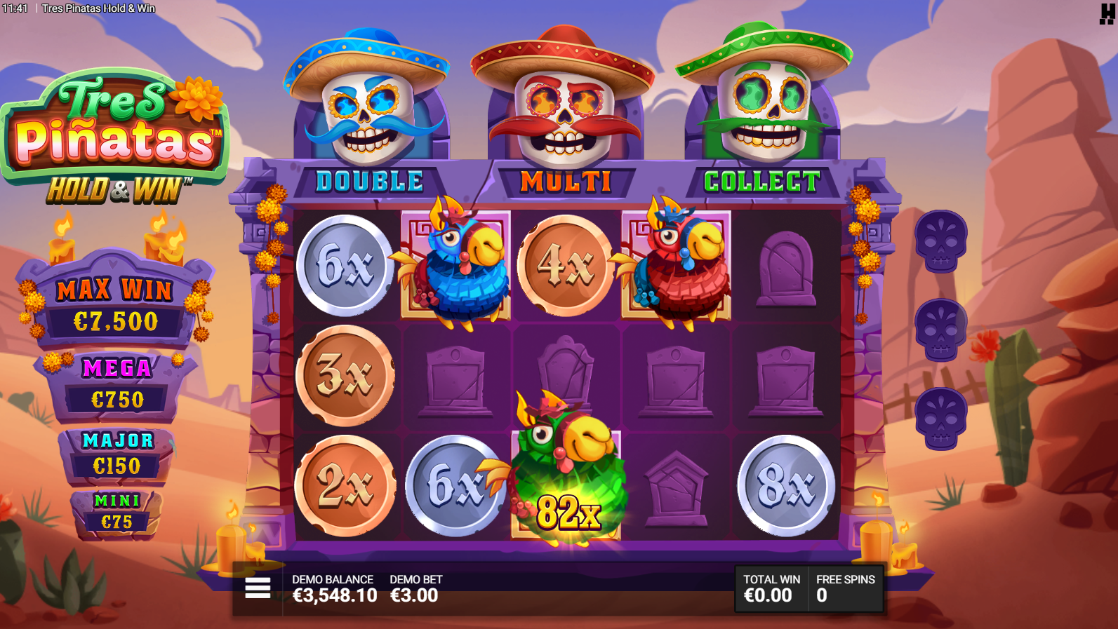 Tres Pinatas Hold & Win Mega Pinata Party bonus game with coin symbols and jackpot prizes