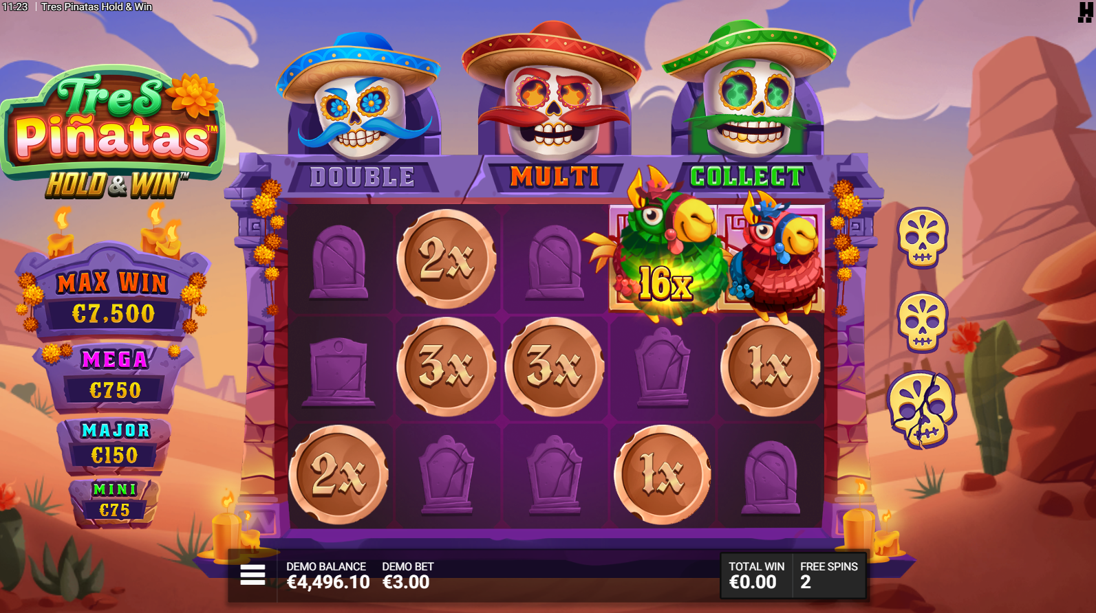 Tres Pinatas Hold & Win Mini Pinata Party bonus game in action