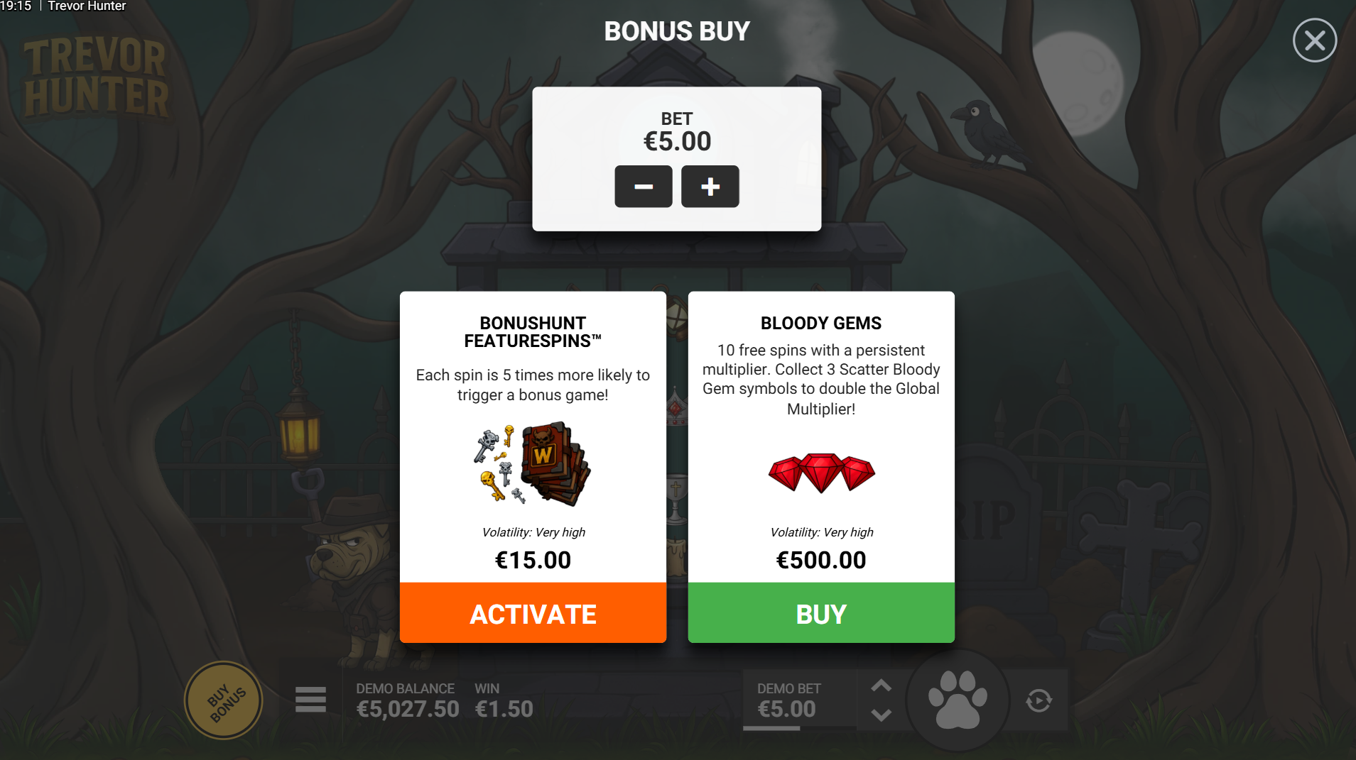 Trevor Hunter bonus buy menu showing 3x enhanced bonus and 100x direct Bloody Gems Bonus options