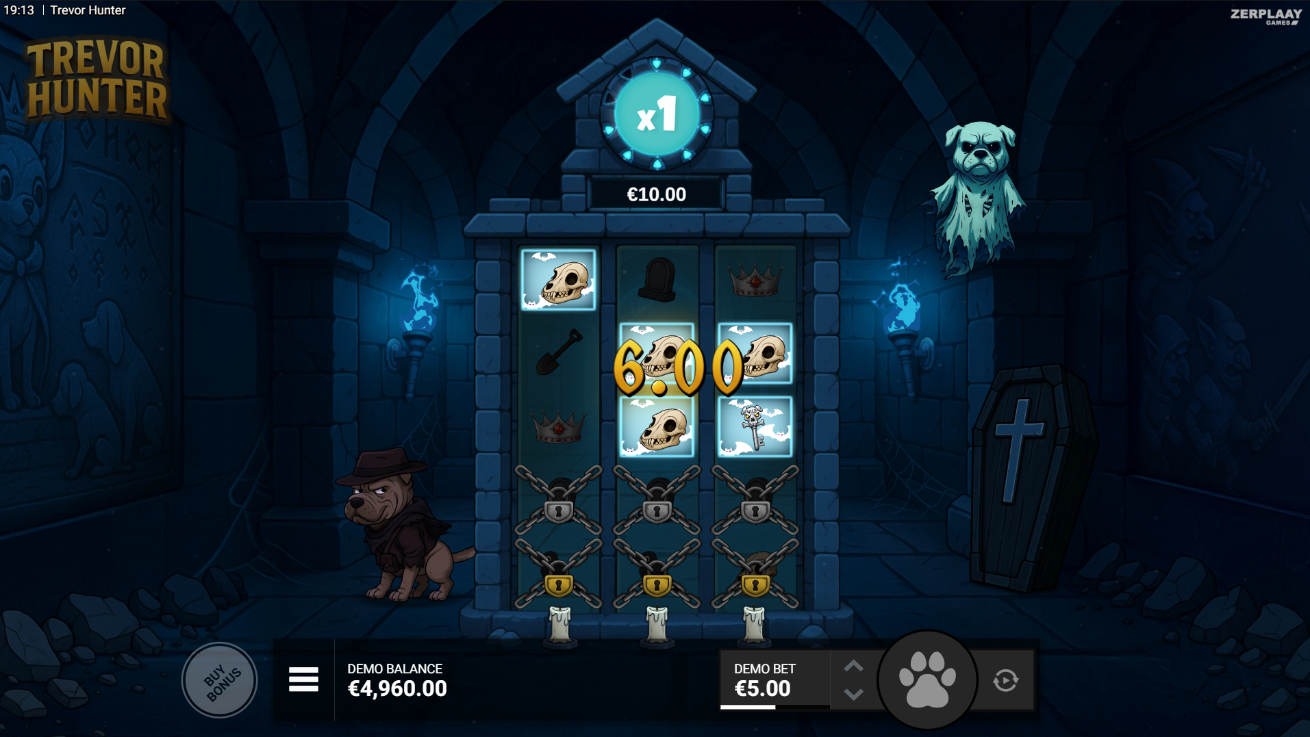 Trevor Hunter Level 2 Crypt free spins with locked rows and Silver and Gold Key wilds