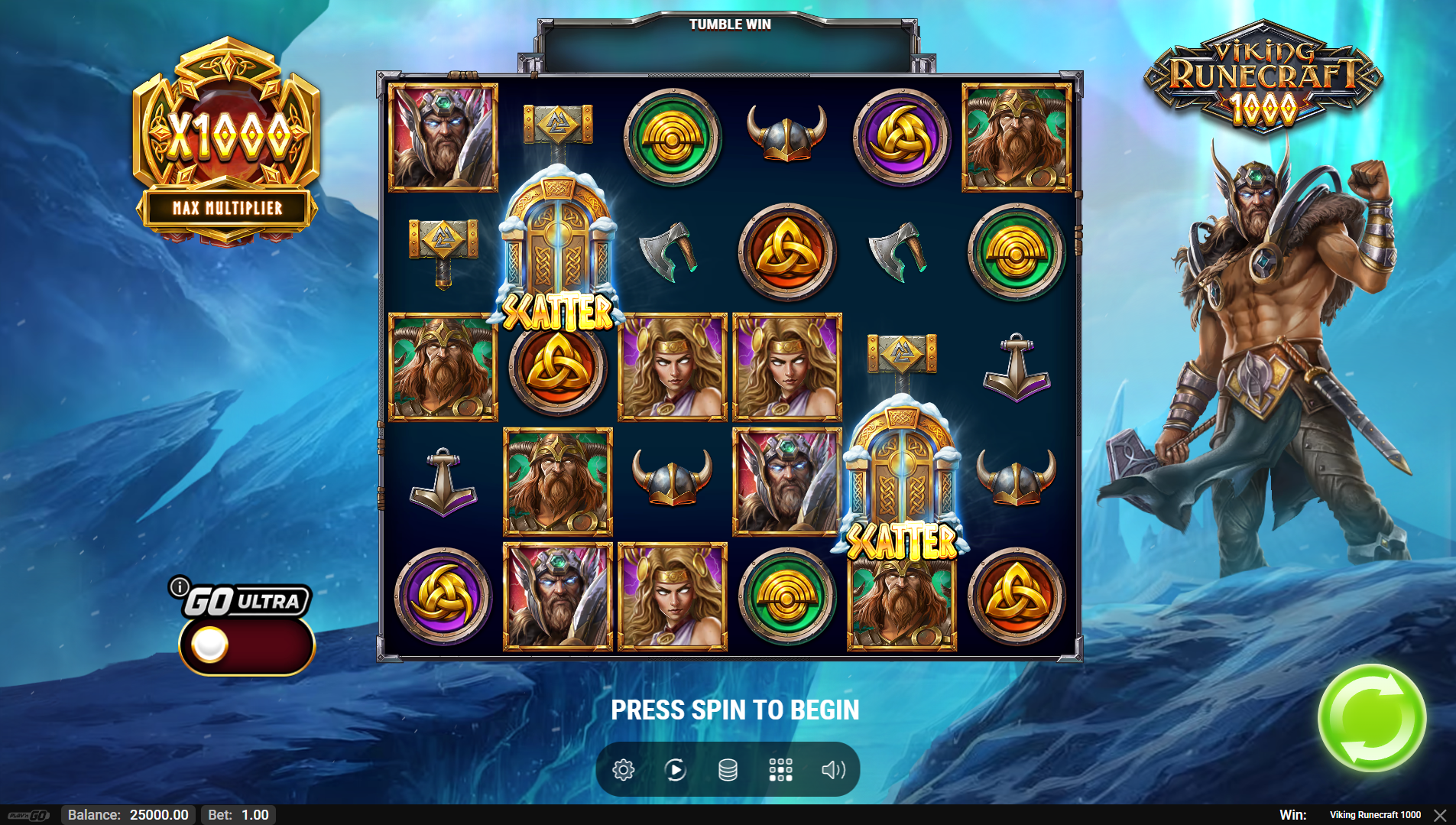 Viking Runecraft 1000 base game showing the 6x5 cascading grid with multiplier symbols