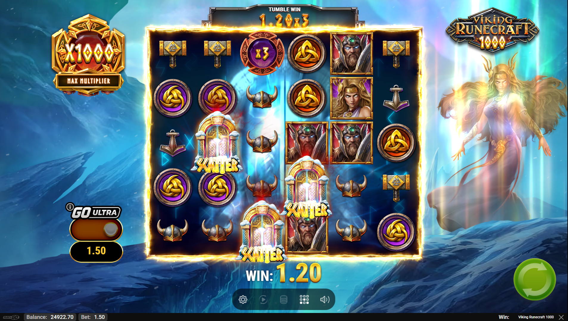 Viking Runecraft 1000 Free Spins trigger with 3 scatter symbols landing on the grid