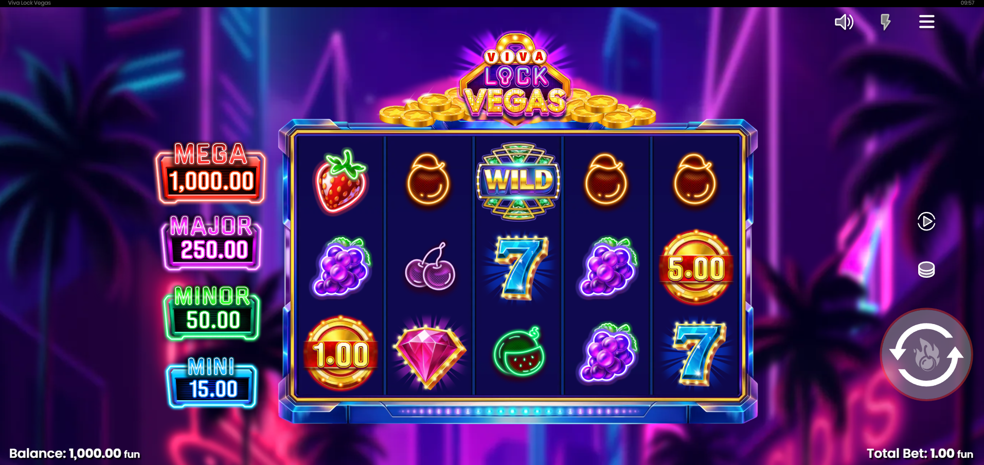 Viva Lock Vegas base game showing the 5x3 grid with fruit symbols, Wild, coin tokens and jackpot ladder