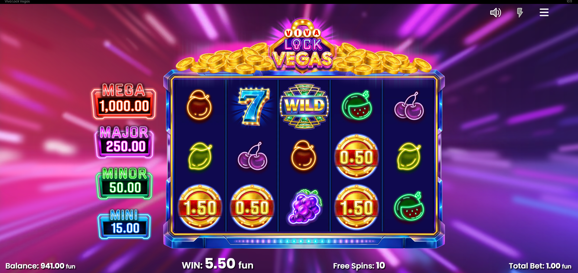 Viva Lock Vegas Free Spins bonus round showing 10 free spins remaining