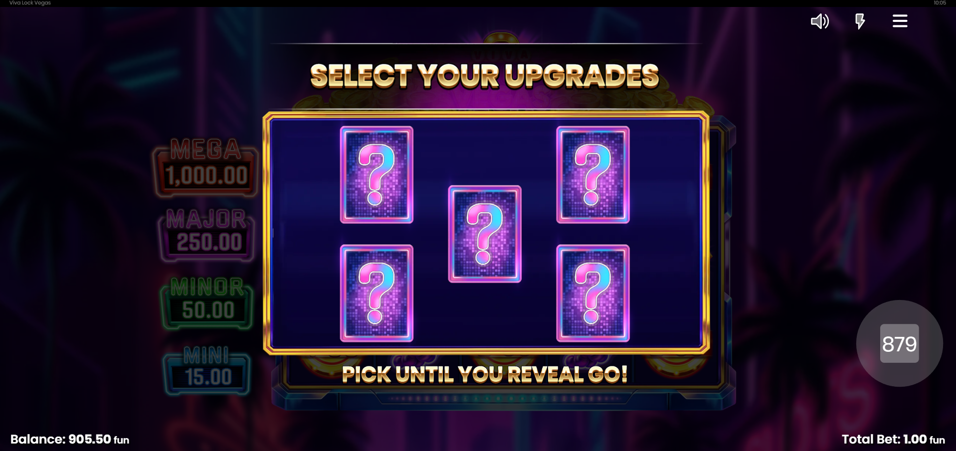 Viva Lock Vegas Jackpot Pick Feature showing the select your upgrades pick screen