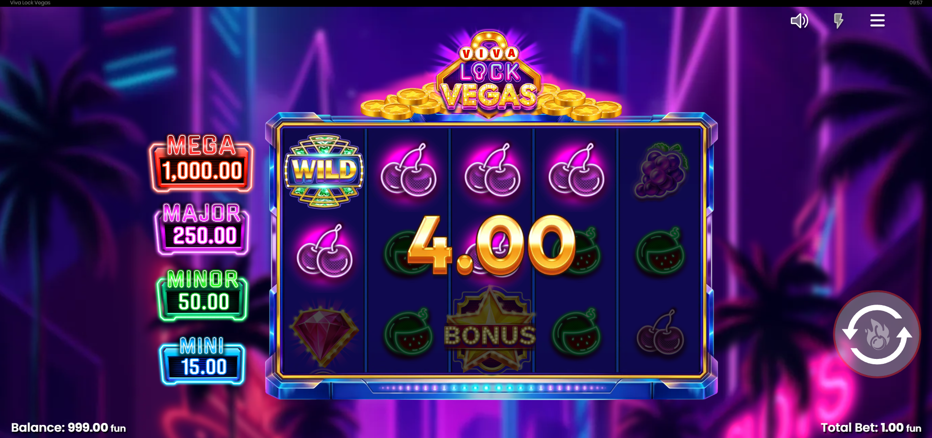 Viva Lock Vegas base game showing Wild symbol, cherry win and Bonus symbol on the grid