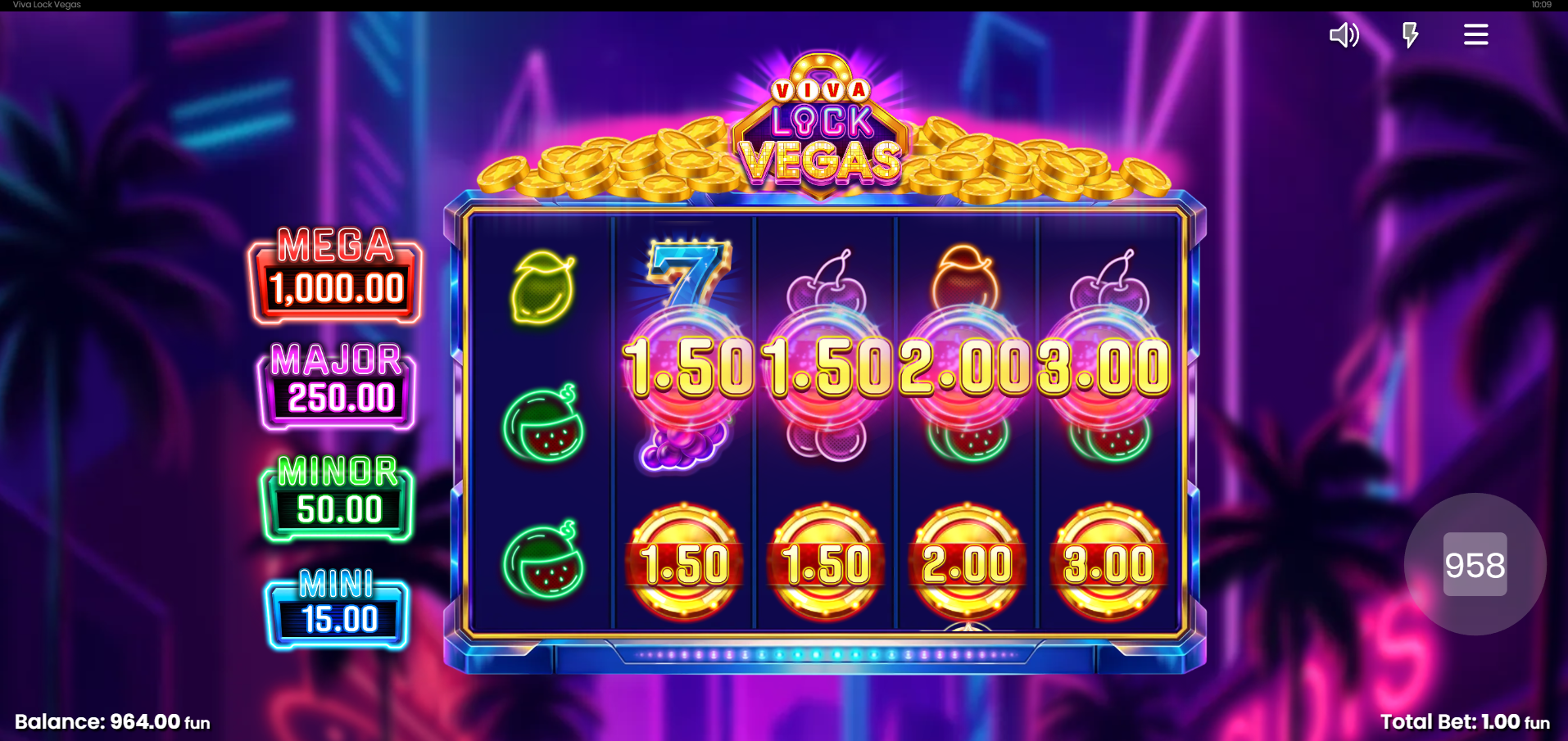 Viva Lock Vegas token collect feature showing large win display with coin tokens across all reels
