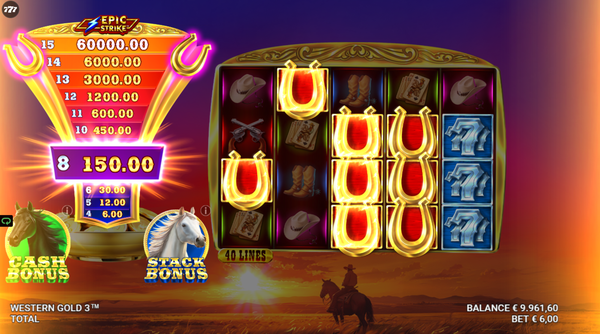 Western Gold 3 Horseshoe Frenzy Spin feature screenshot