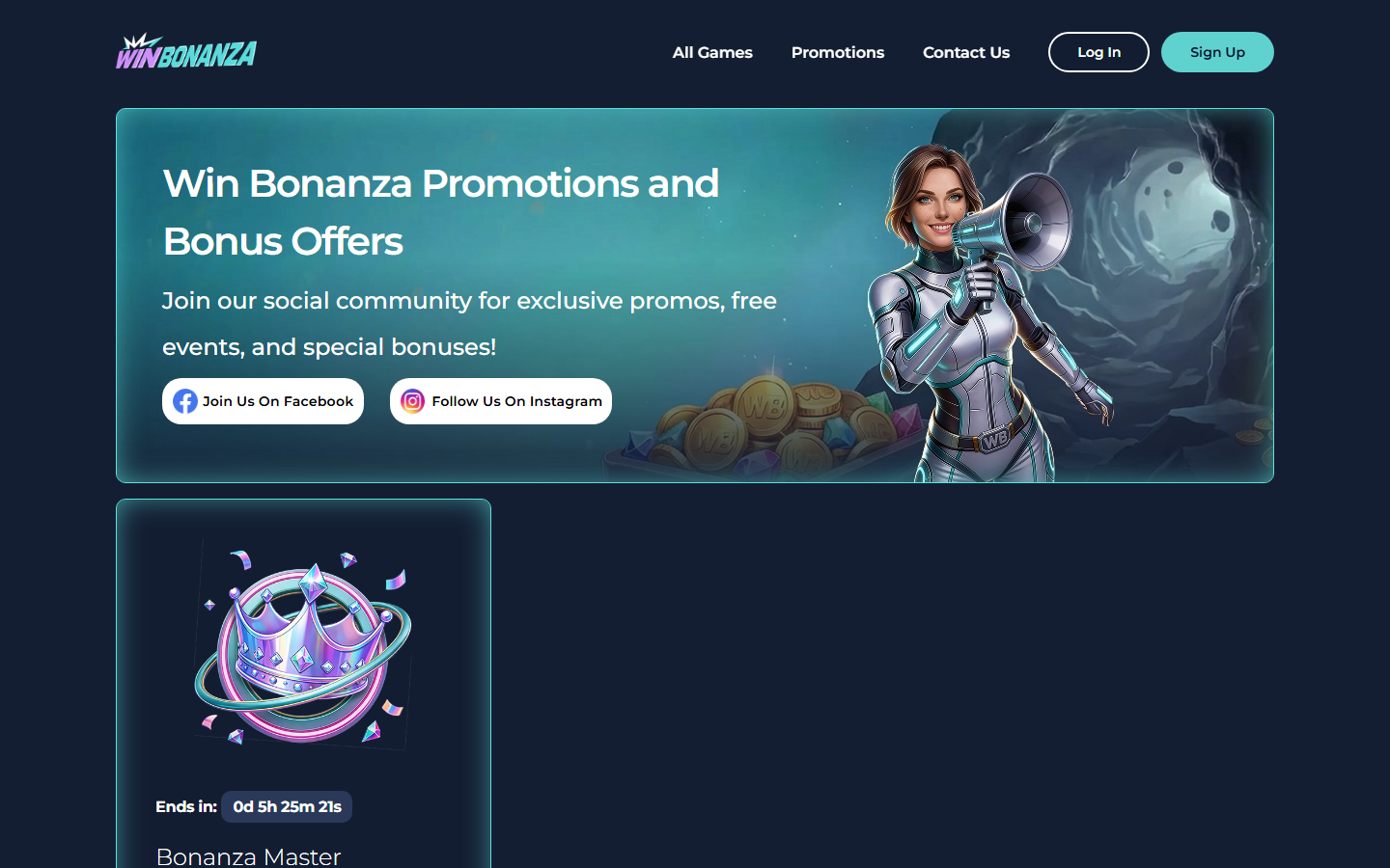 Win Bonanza promotions page with the 'Win Bonanza Promotions and Bonus Offers' hero and current bonus coin offers