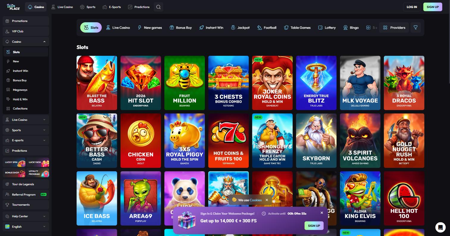 Win Place slots lobby with a grid of slot games and provider names