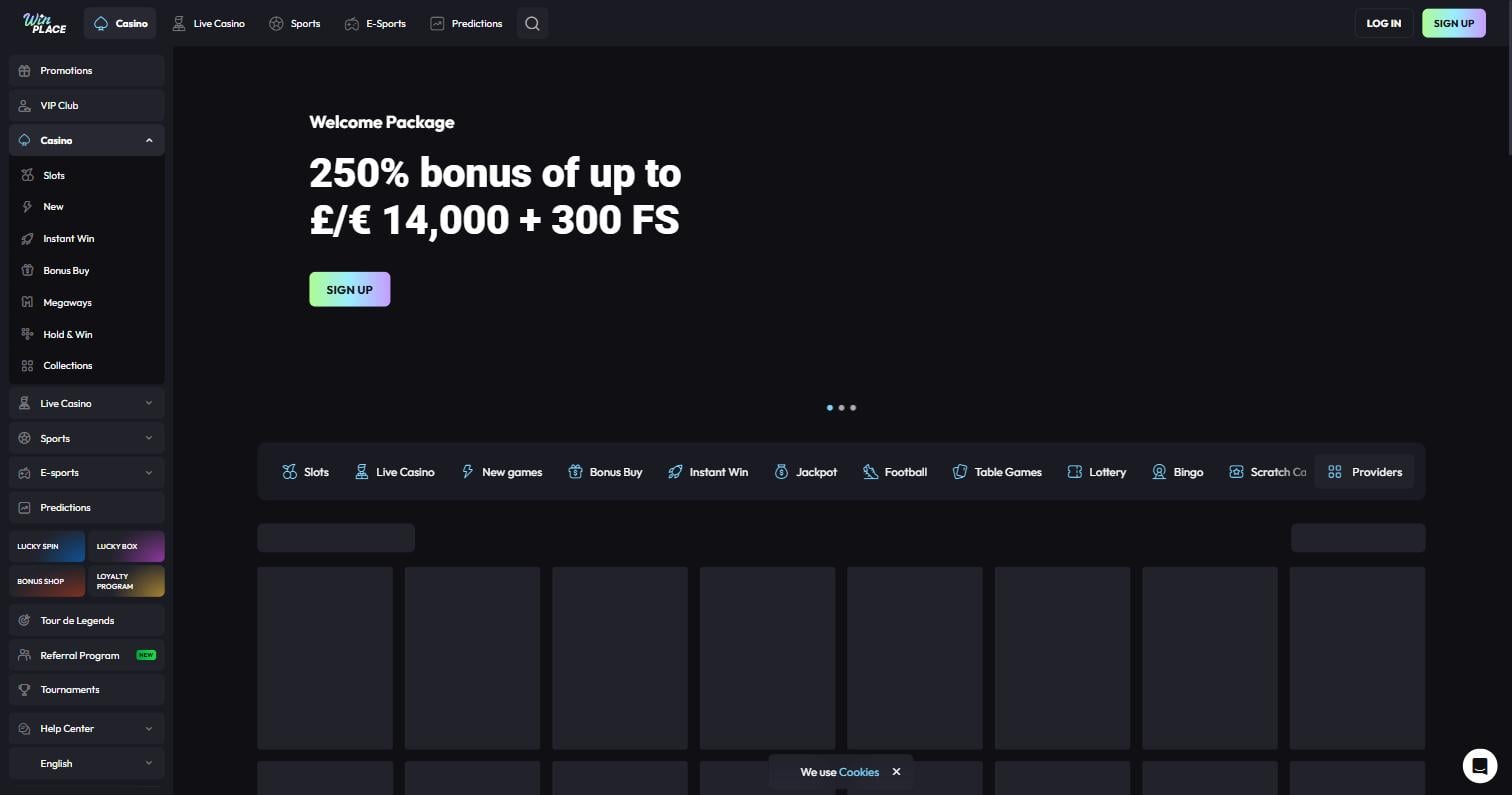 Win Place homepage showing the welcome package and casino navigation