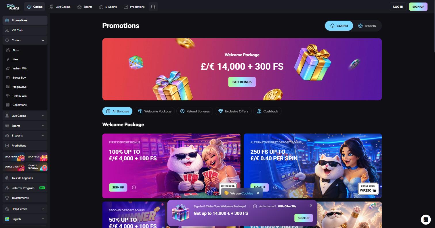 Win Place promotions page showing the three-deposit welcome package and reload bonuses