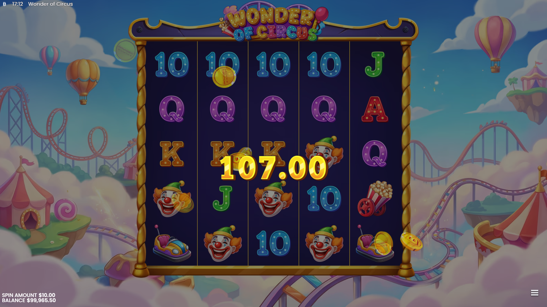 Wonder of Circus base game showing the 5x5 grid with Lucky Wheel symbol