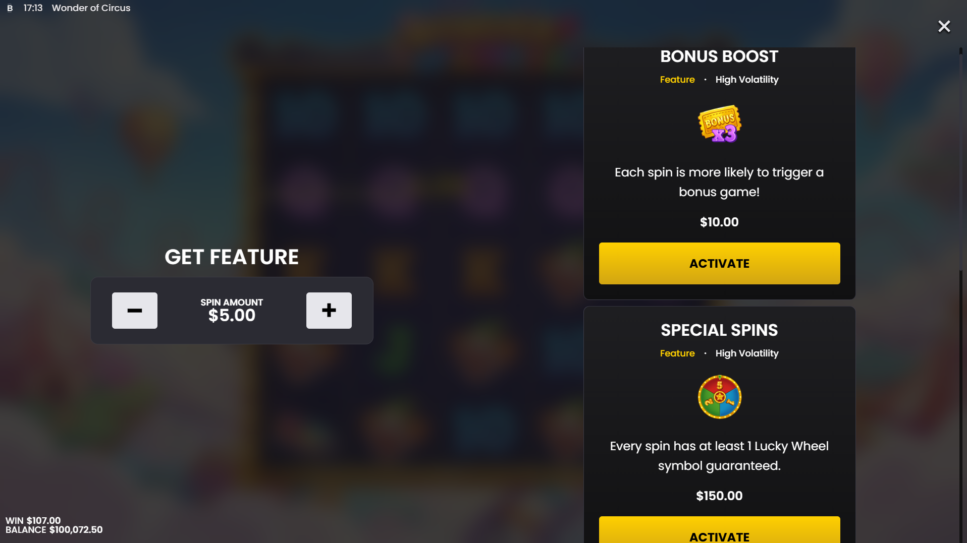 Wonder of Circus Bonus Boost and Special Spins buy options screen