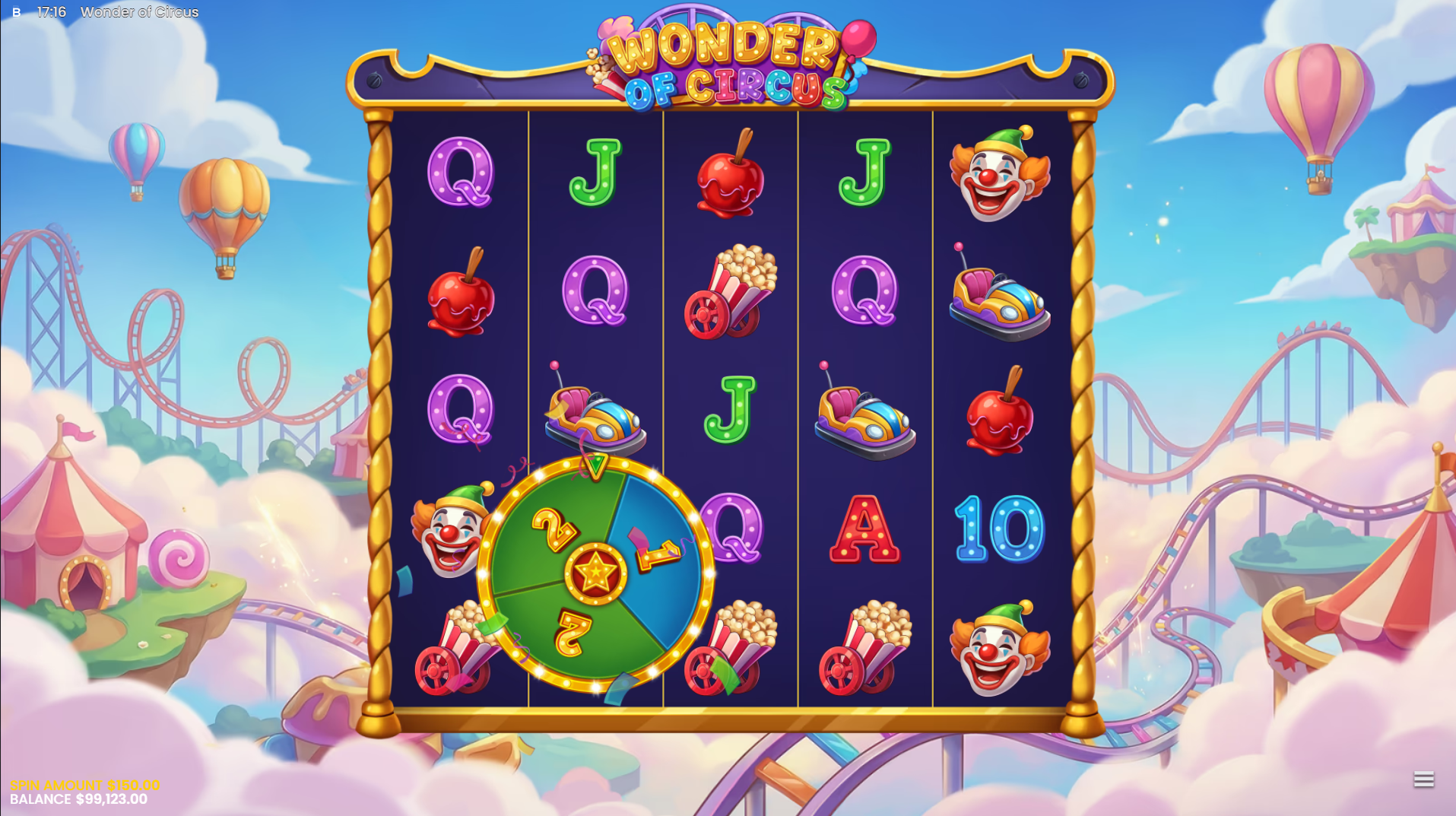 Wonder of Circus Special Spin feature showing Lucky Wheel and multiplier Wild Reels