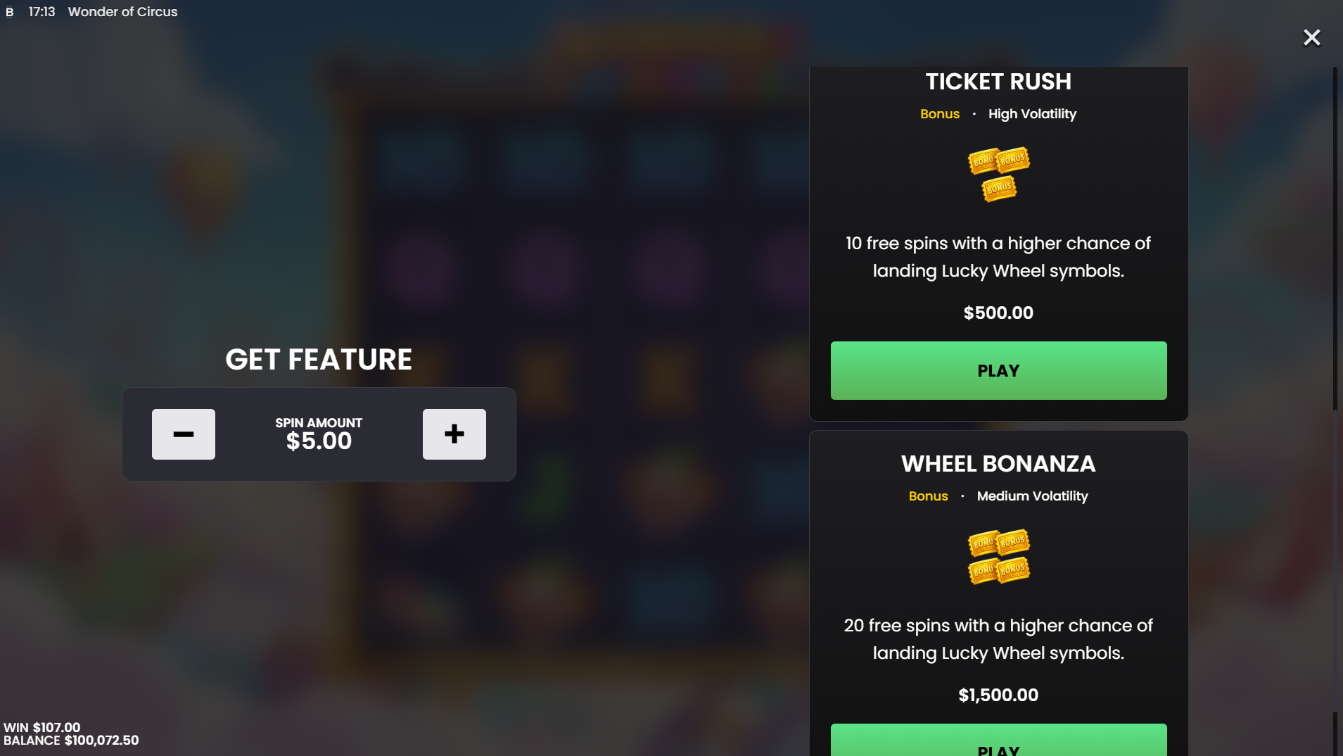 Wonder of Circus Ticket Rush and Wheel Bonanza bonus buy options screen