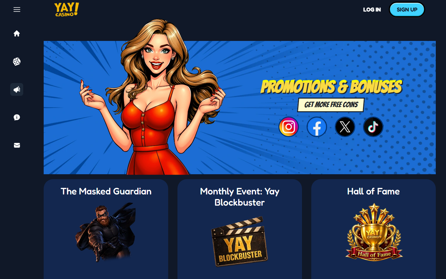 Yay Casino promotions and bonuses page with free-coin offers like The Masked Guardian, Yay Blockbuster and Hall of Fame