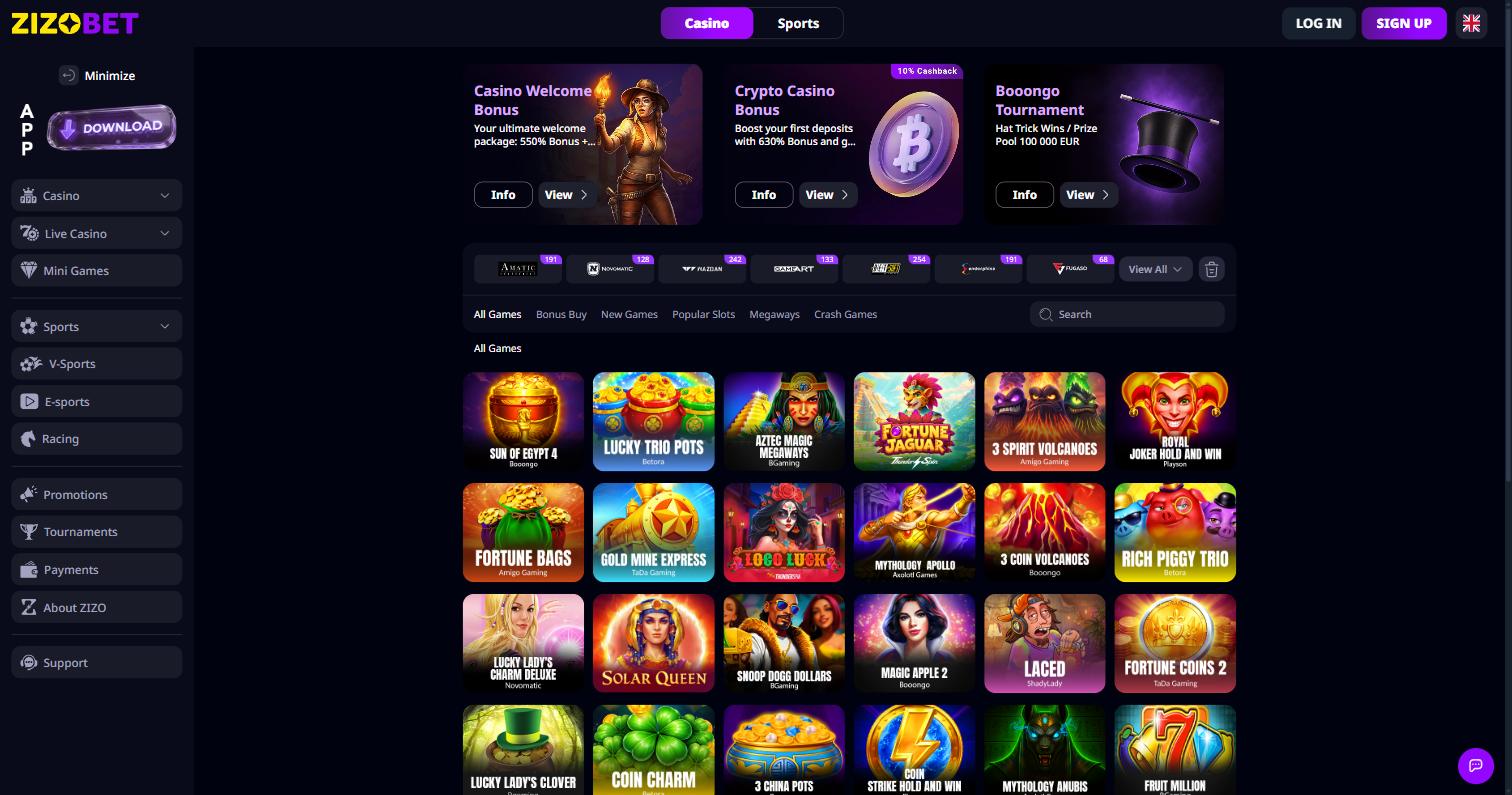 Zizobet slots lobby with provider filters and a grid of slot games