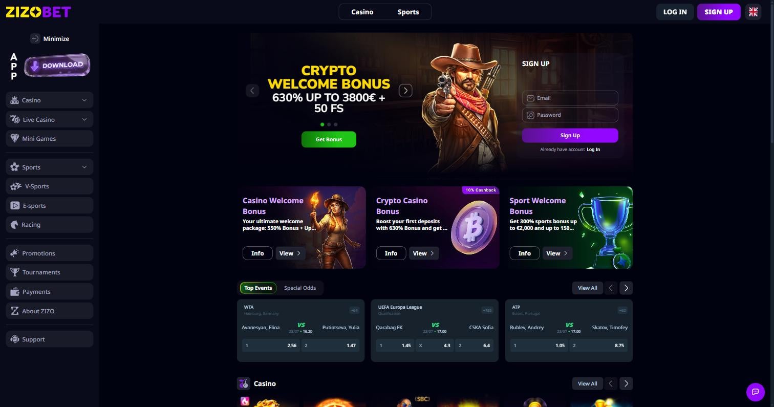 Zizobet homepage showing the crypto welcome bonus and live sportsbook odds