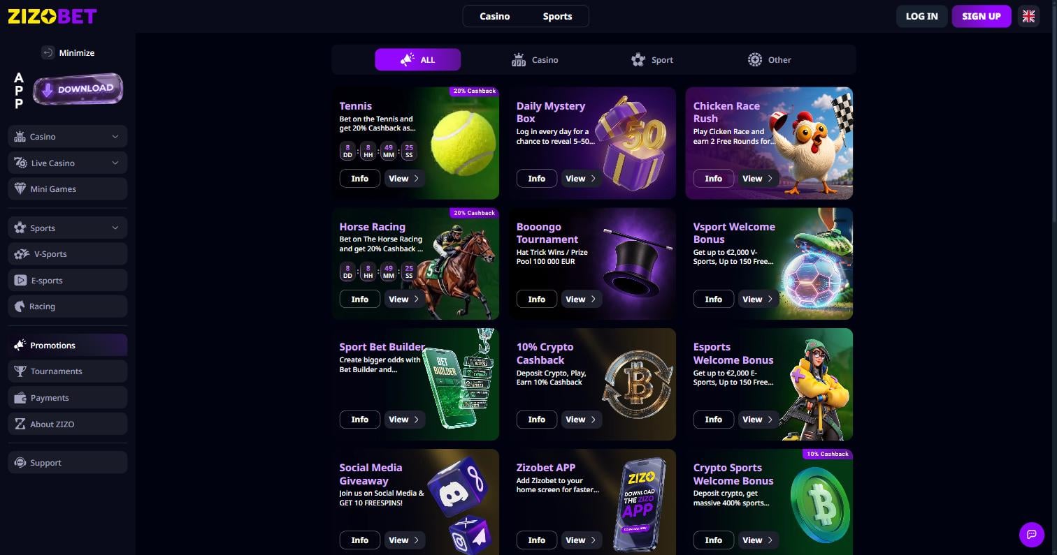 Zizobet promotions page showing tournaments, cashback races and daily bonus drops