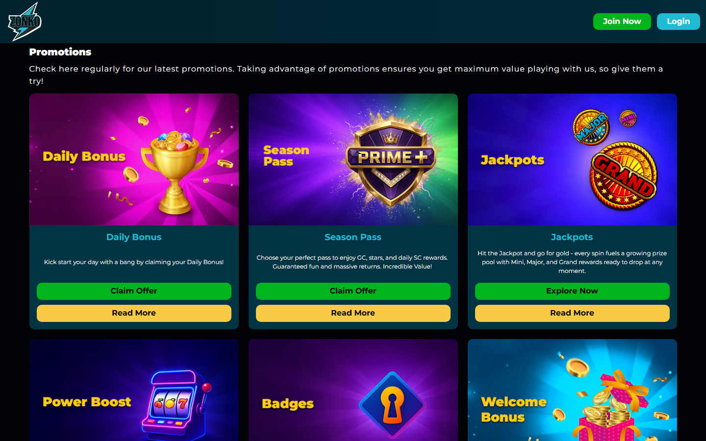Zonko promotions page listing Daily Bonus, Season Pass, Jackpots, Power Boost and Welcome Bonus offers