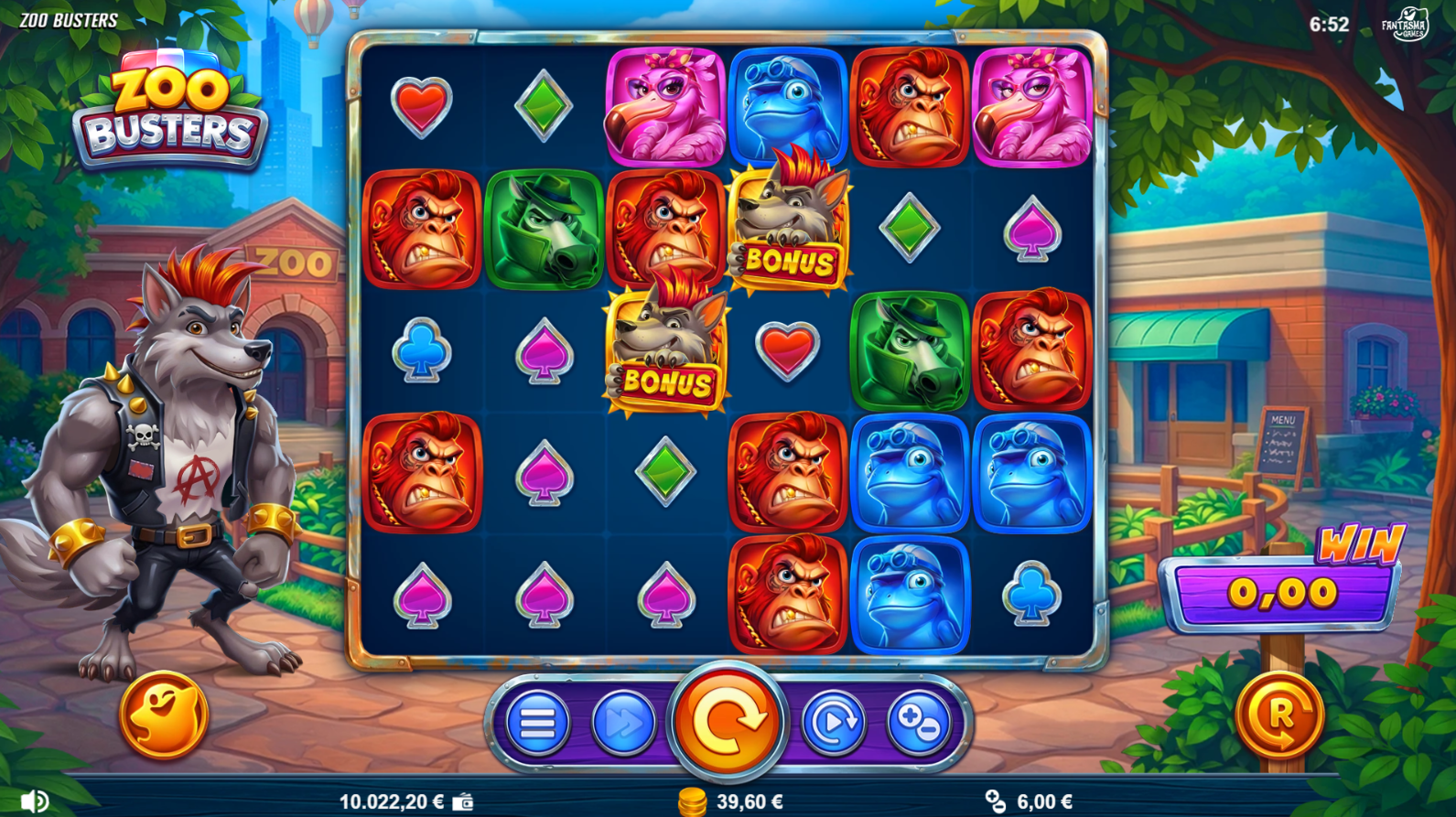 Zoo Busters base game showing the 6x5 grid with Pays Anywhere mechanic