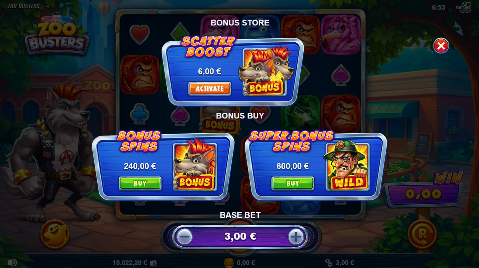 Zoo Busters Bonus Store showing Scatter Boost, Bonus Spins, and Super Bonus Spins purchase options