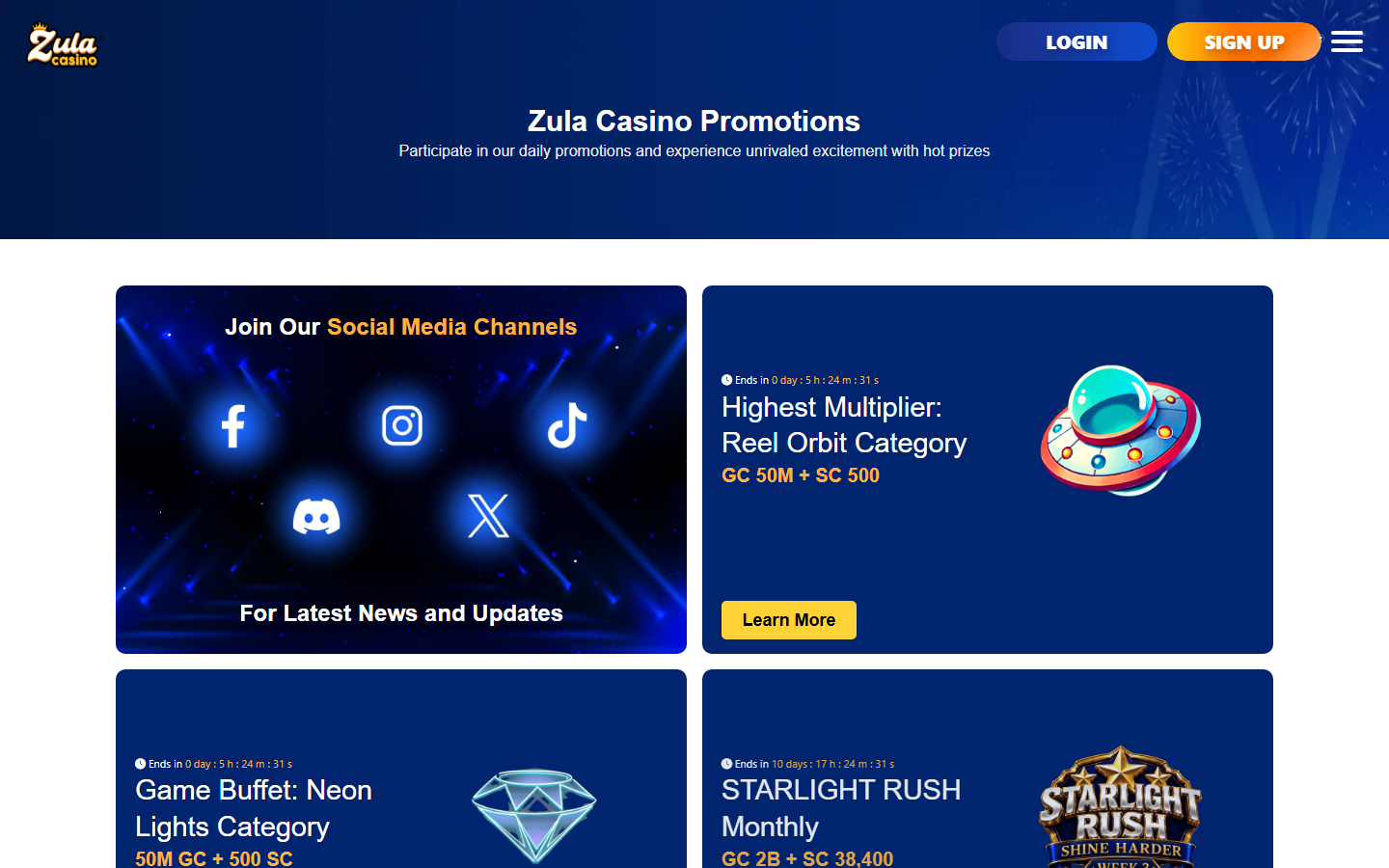 Zula Casino promotions page listing daily sweepstakes offers with Gold Coin and Sweeps Coin prizes