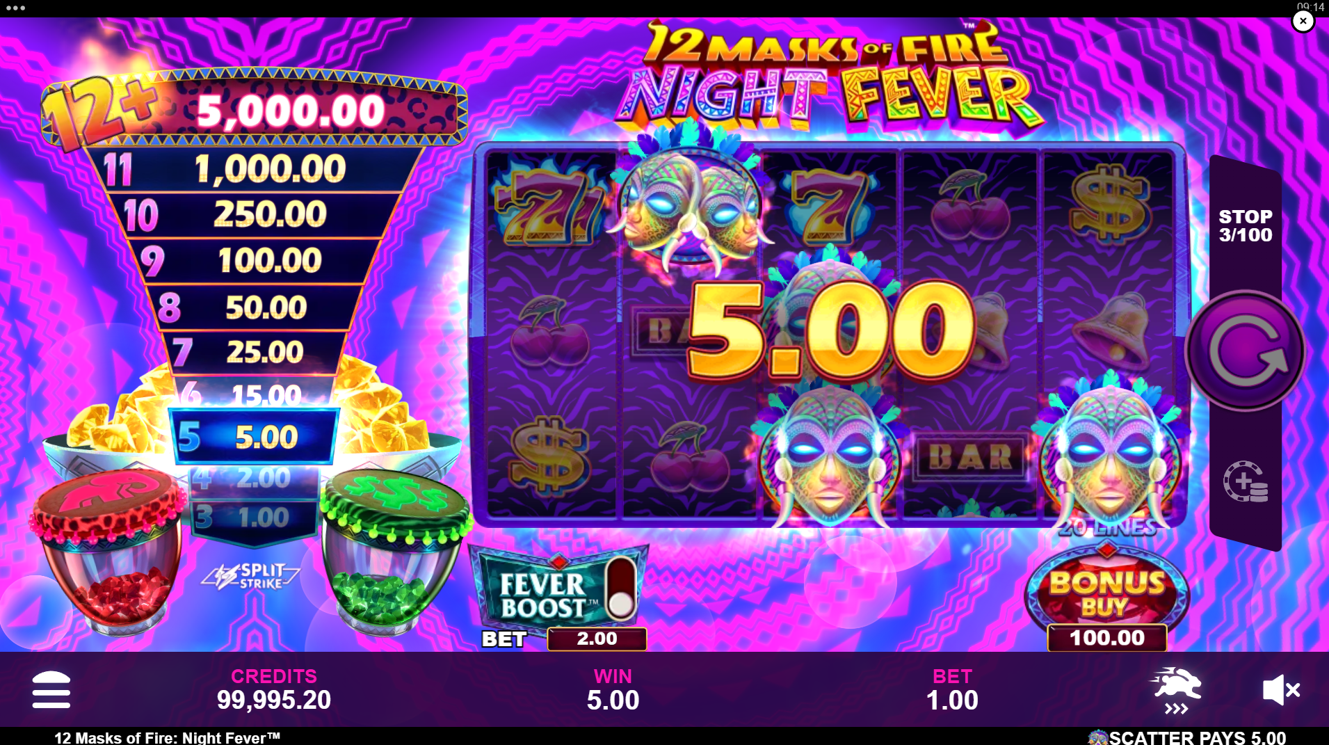 12 Masks of Fire Epic Strike Tower feature with scatter wins displayed