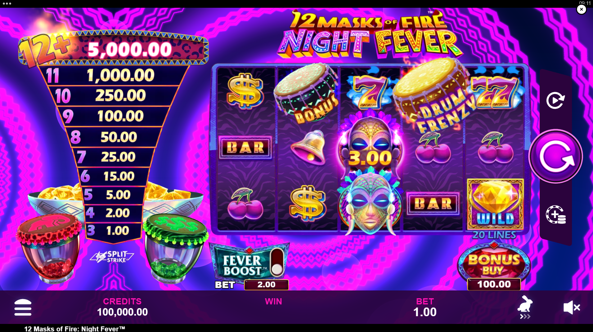 12 Masks of Fire Night Fever base game showing 5x3 grid with 20 fixed paylines