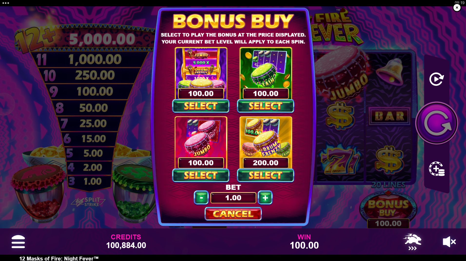 12 Masks of Fire Night Fever Bonus Buy menu showing available purchase options