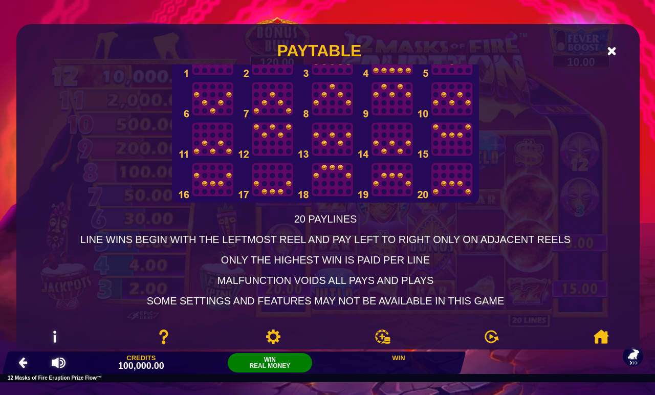 12 Masks of Fire Eruption Prize Flow information screen