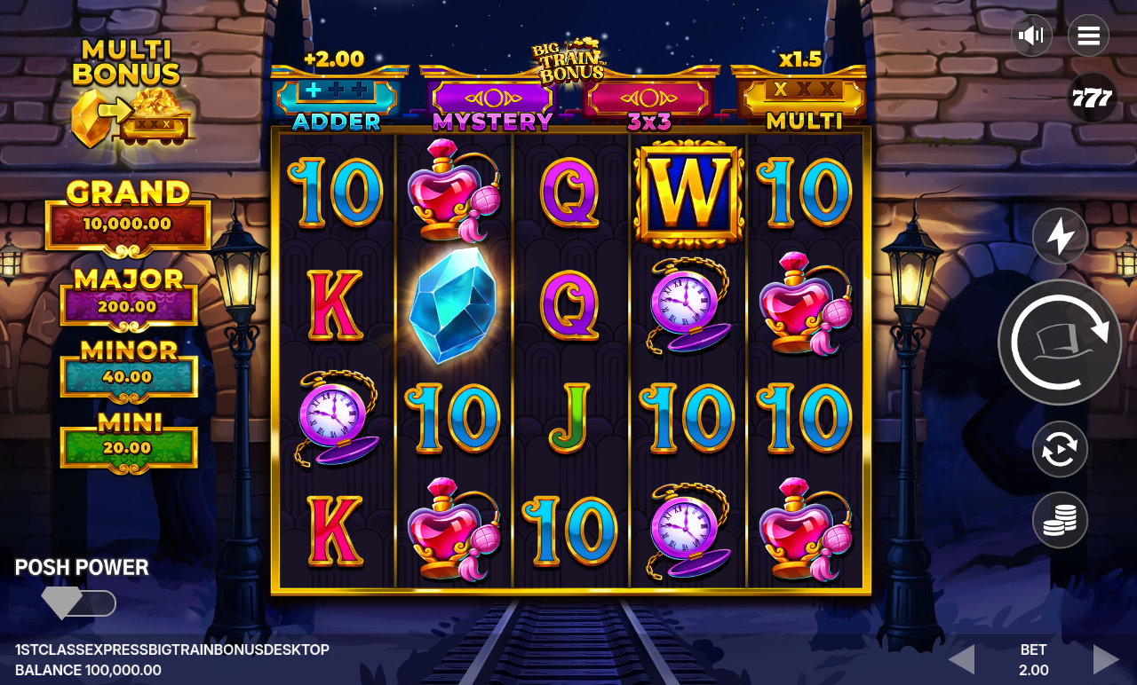 1st Class Express Big Train Bonus base game: a 5x4 grid with the ADDER, MYSTERY, 3x3 and MULTI pots above the reels and the four-tier jackpot ladder down the left