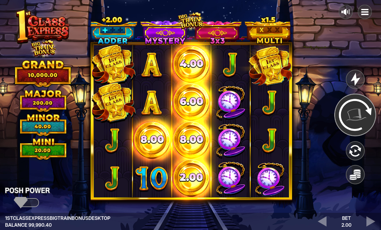 1st Class Express Big Train Bonus in play: a full reel of gold coins carrying their own values, with 1st Class ticket symbols either side