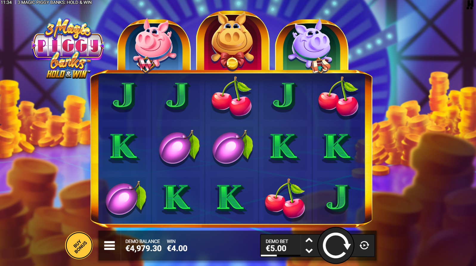 3 Magic Piggy Banks Hold & Win base game grid with the three Piggy Banks beside the reels