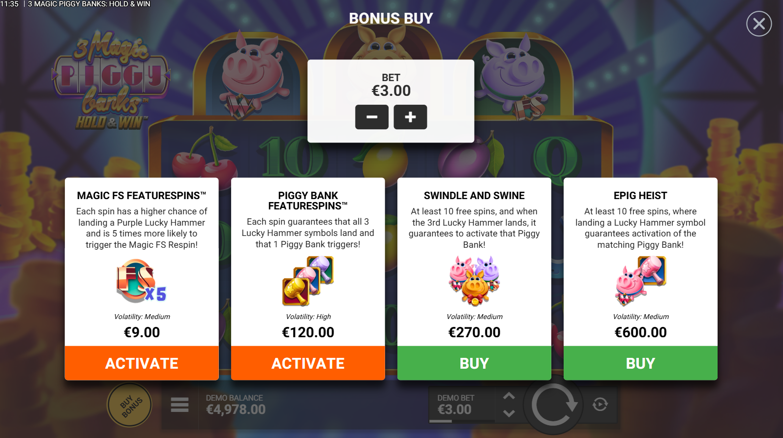 FeatureSpins bonus buy menu showing the four purchase options