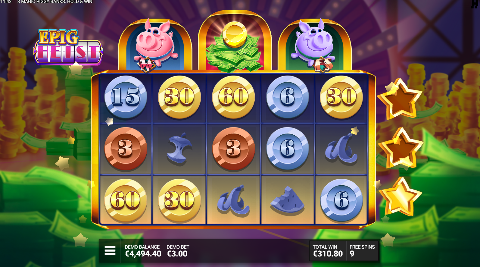 Magic Coins Bonus hold and win sequence with sticky coins and three lives