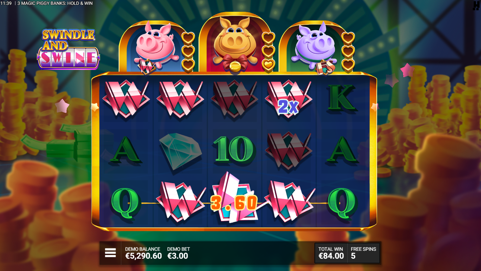 Swindle and Swine bonus round with Lucky Hammers charging the Piggy Banks