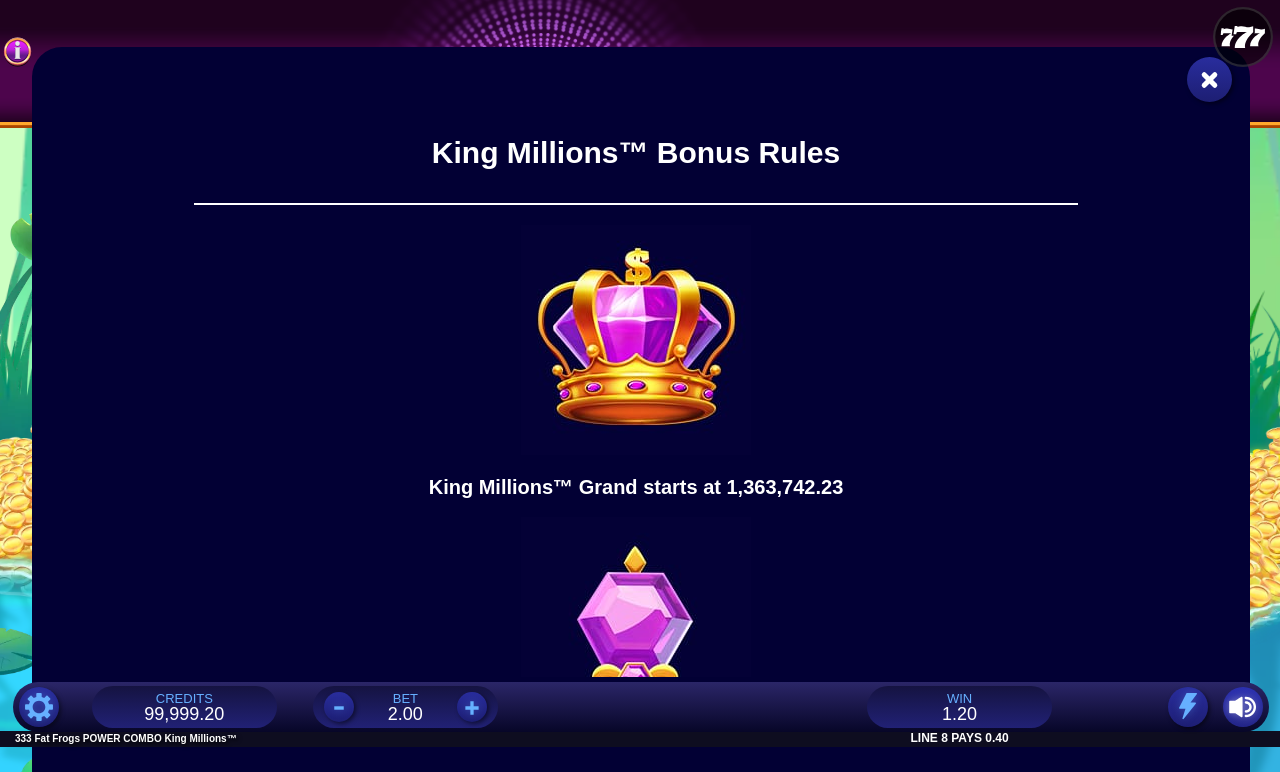333 Fat Frogs POWER COMBO King Millions Power Combo feature rules