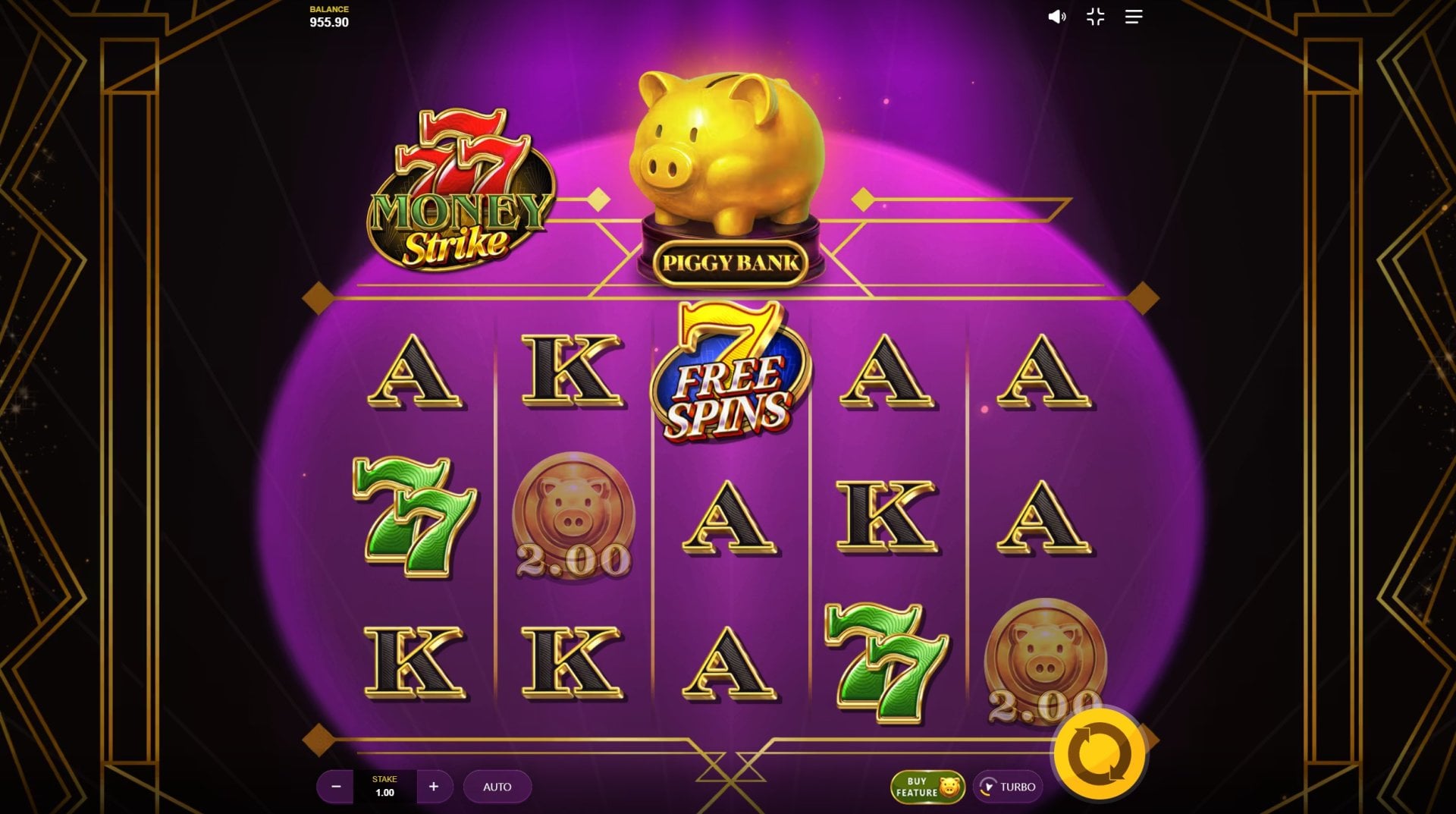 777 Money Strike base game showing the 5x3 reel grid with classic 7 symbols and win lines