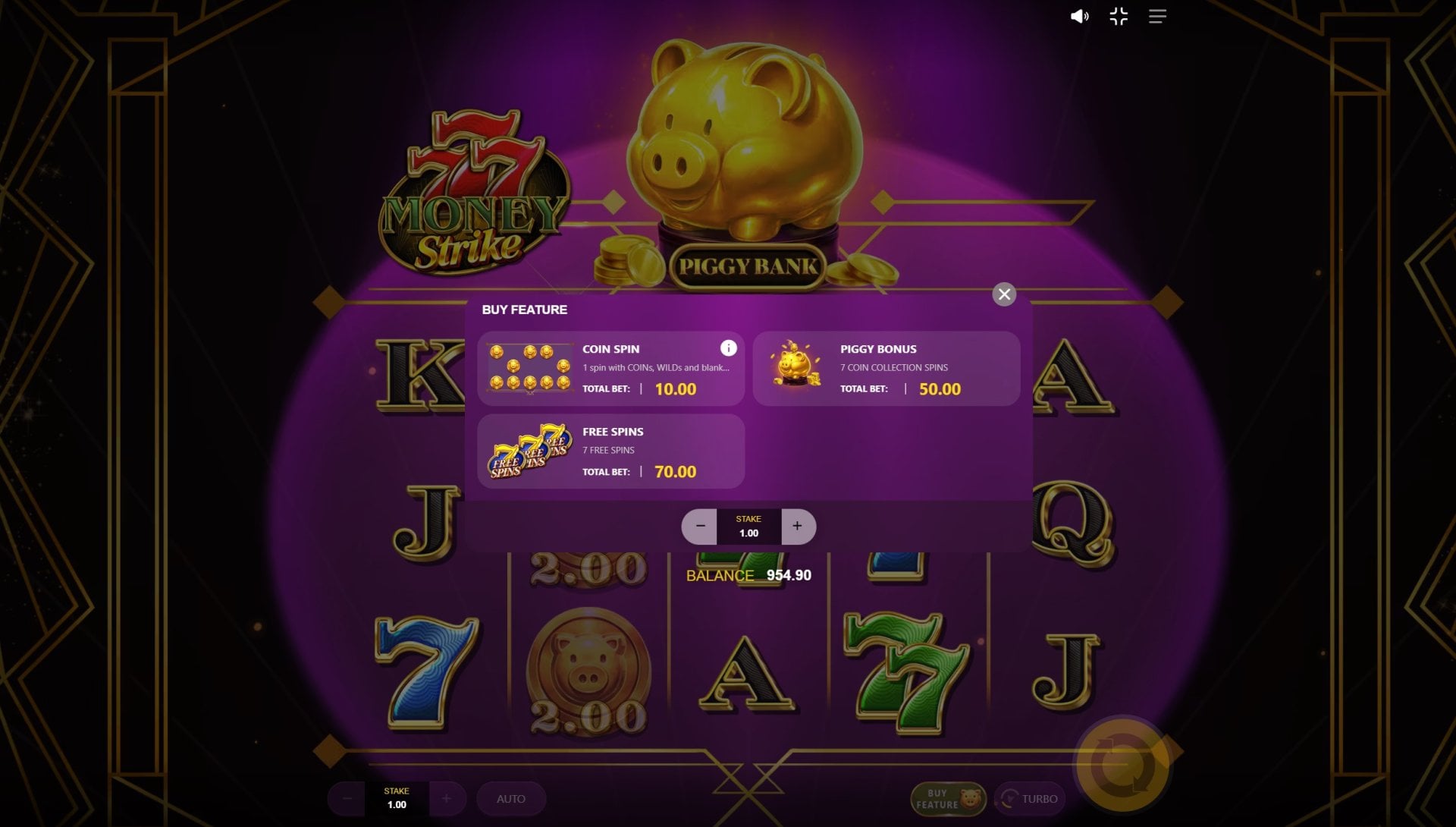 777 Money Strike Bonus Buy options menu showing Coin Spin, Free Spins and Piggy Bonus purchase prices