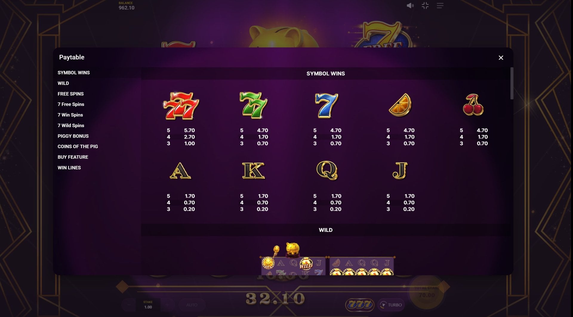 777 Money Strike paytable showing symbol values and win lines
