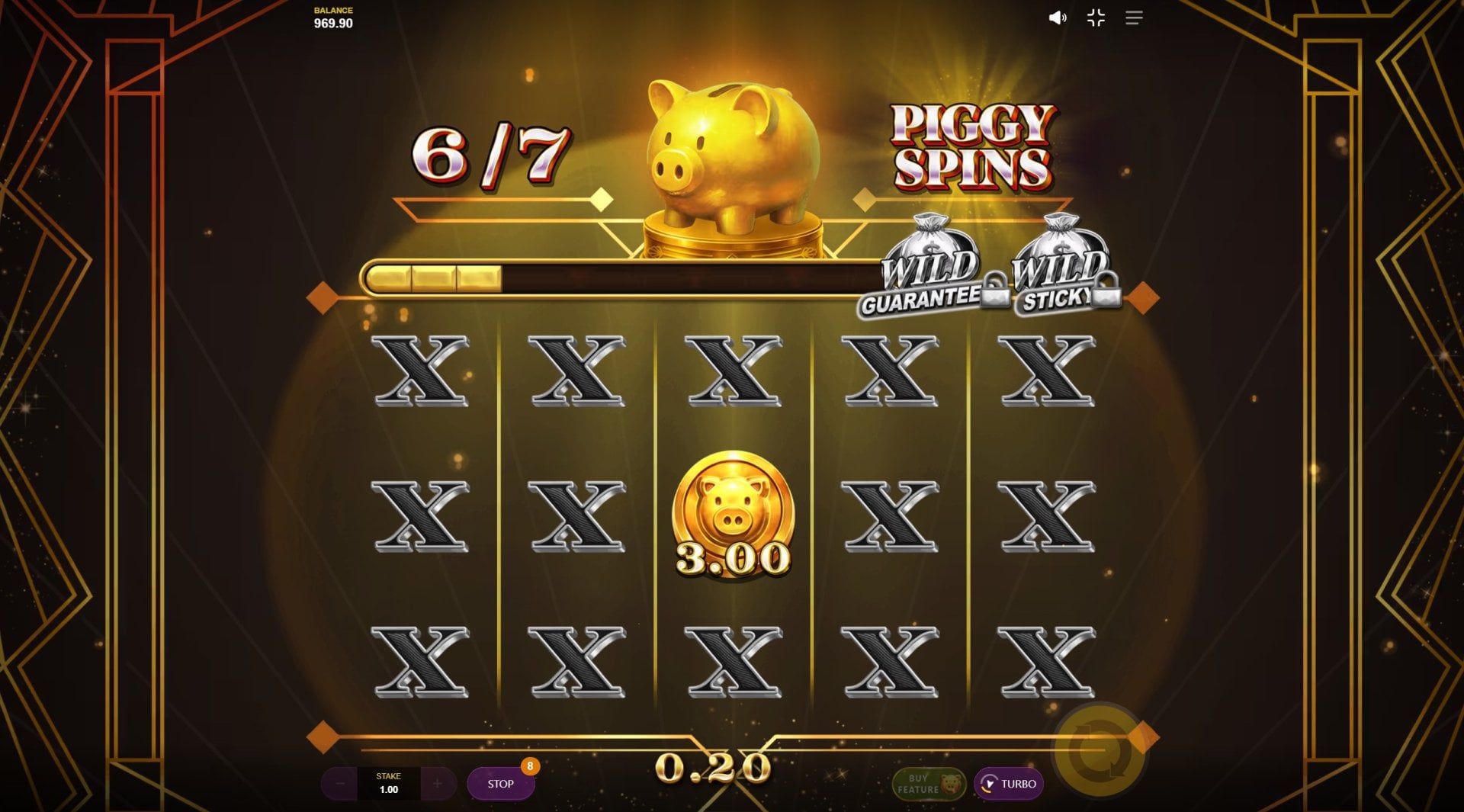 777 Money Strike Piggy Bonus feature with coin collection meter and Wild retrigger