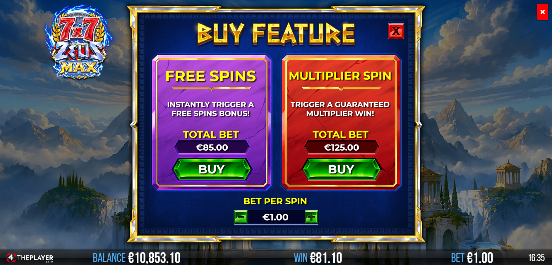 7x7 Zeus Max Feature Buy menu