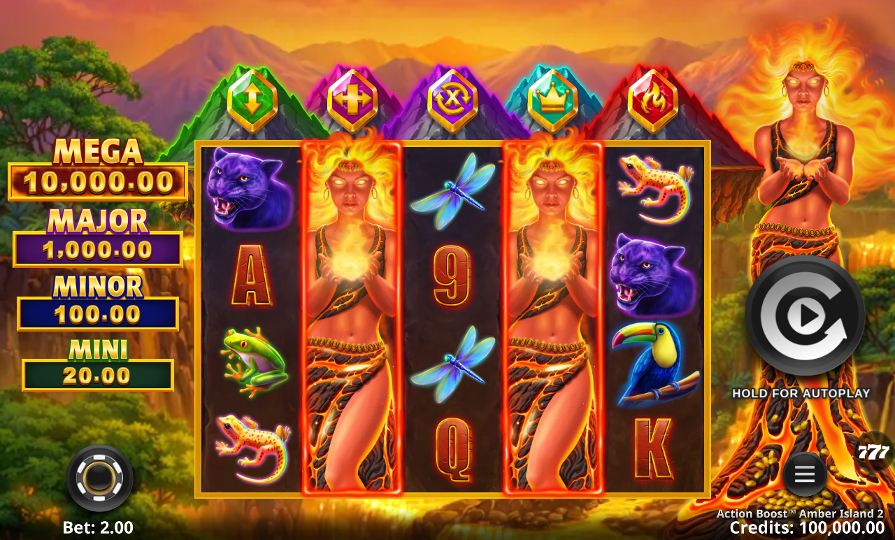 Action Boost Amber Island 2 base game: five reels, four rows, with the four-tier jackpot ladder and the five gem-capped volcanoes above the reels