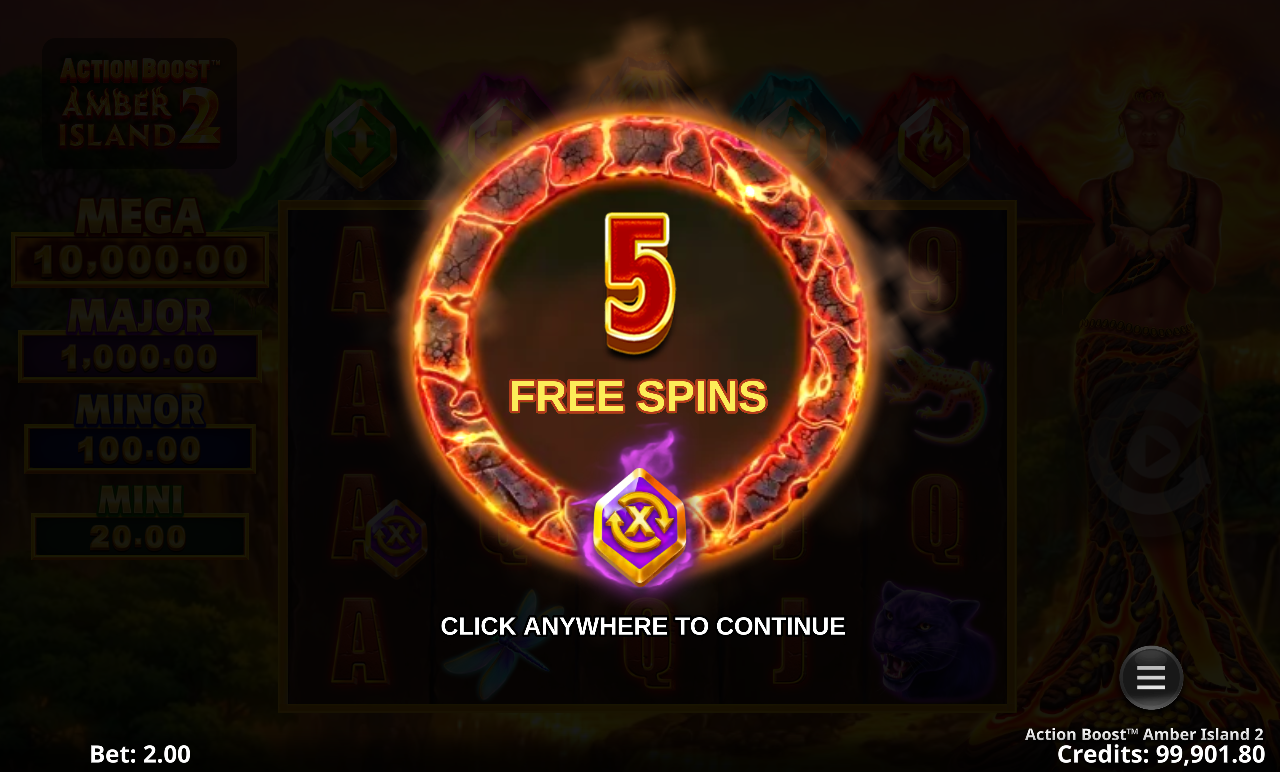 Action Boost Amber Island 2 awarding five free spins from the Purple Gem Action Boost