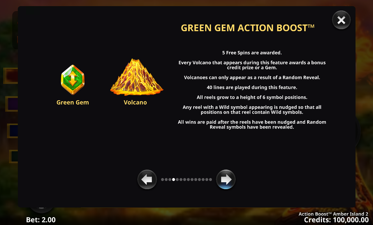 Action Boost Amber Island 2 information screen: the Green Gem Action Boost awards five free spins, grows all reels to six symbol positions and plays 40 paylines