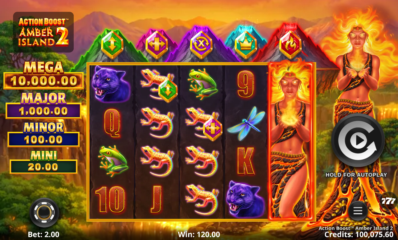 Action Boost Amber Island 2 base-game win with two Random Reveal gems on the reels and the expanding Amber Goddess wild
